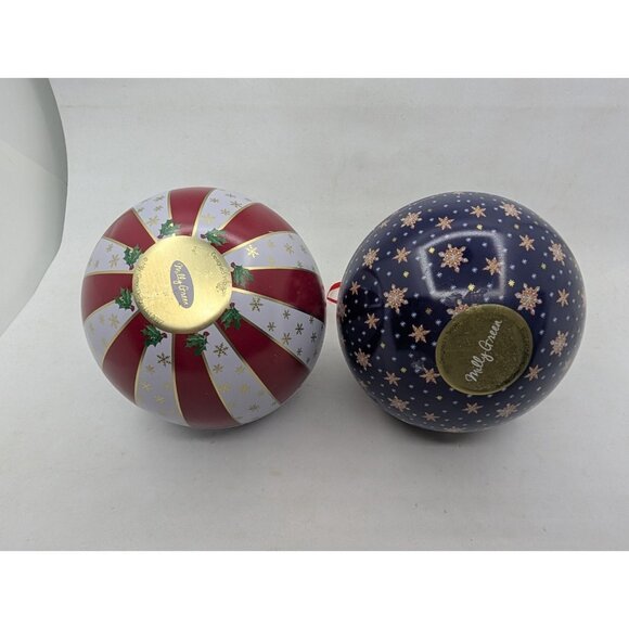 Set of 2 Ornaments Milly Green Tin Spherical Christmas Star stripes Santa READ - Picture 4 of 16